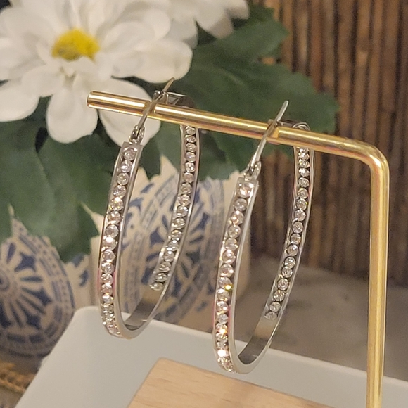 SILVER PLATED IN -OUT CZ HOOP EARRINGS HOOPS - Picture 1 of 4